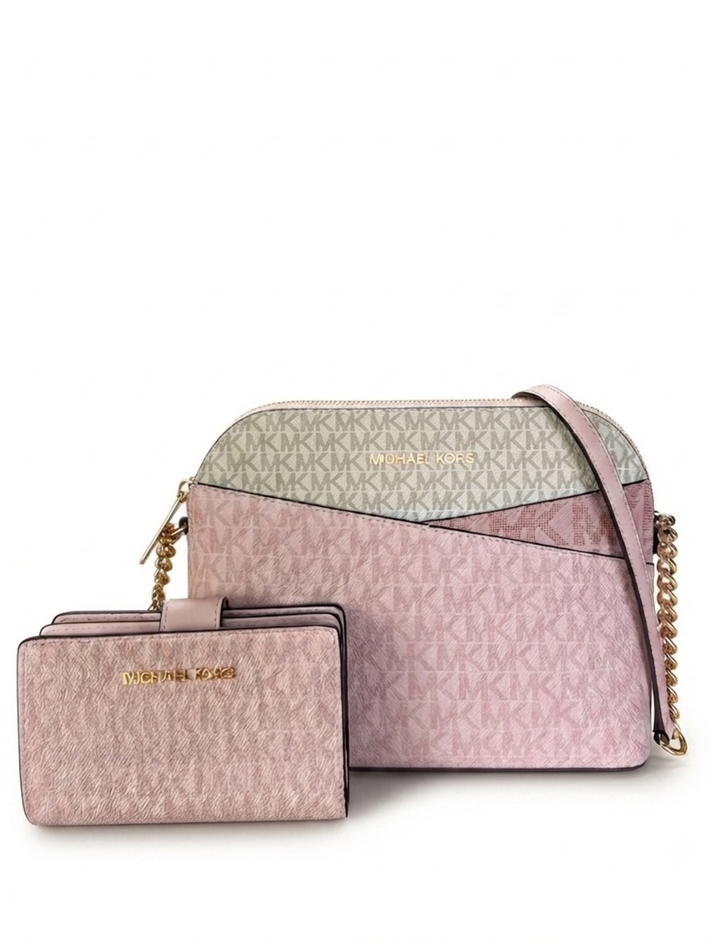 MIchael Kors Colorblock Dome Crossbody Logo Bag & Wallet Powder Blush inGift Box